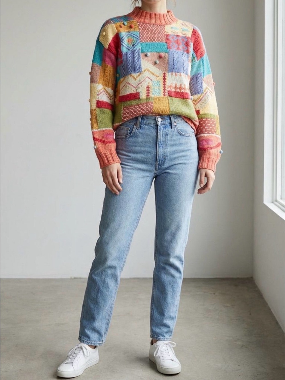 Hand Knit For The Limited | Coral Colorblock Patchwork Knit Sweater Small FLAWED